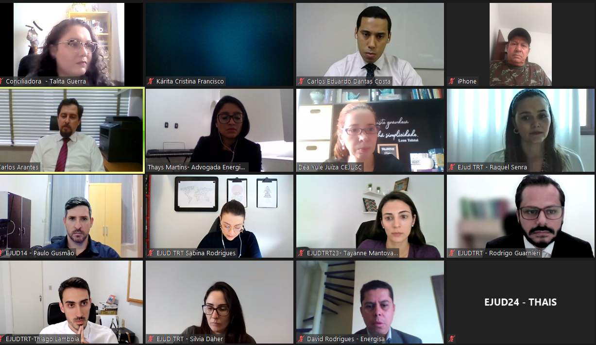 Captura de tela da grade da reunião pelo Zoom da Primeira Semana Regional de Conciliação Trabalhista do TRT/MS