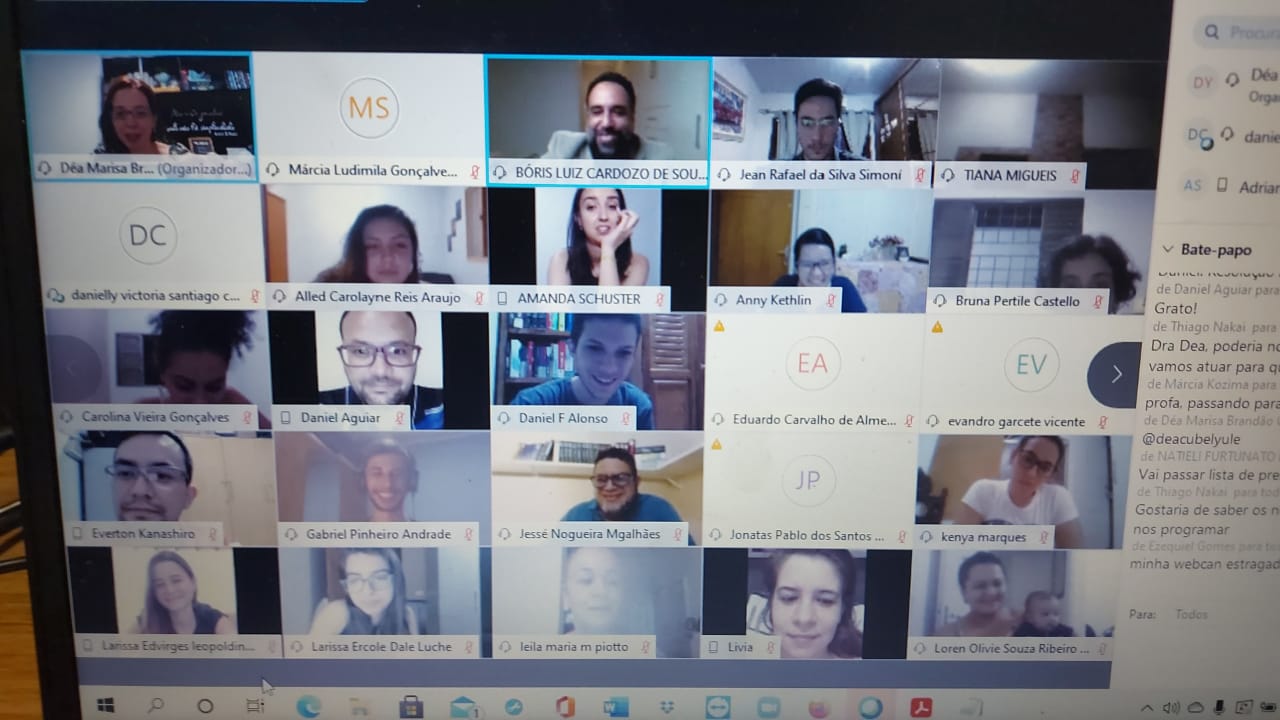 Foto da tela da videoconferência do Projeto Jovens Mediadores, em que são mostrados os participantes