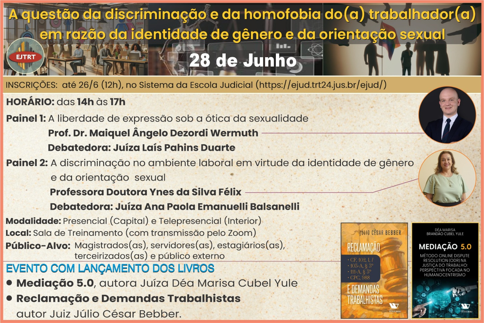 O Subcomitê de Equidade de Gênero, Raça e Diversidade do Tribunal Regional do Trabalho da 24ª Região, com o apoio da Escola Judicial, realizará no dia 28 de junho o evento "A questão da discriminação e da homofobia do(a) trabalhador(a) em razão da identidade de gênero e da orientação sexual"