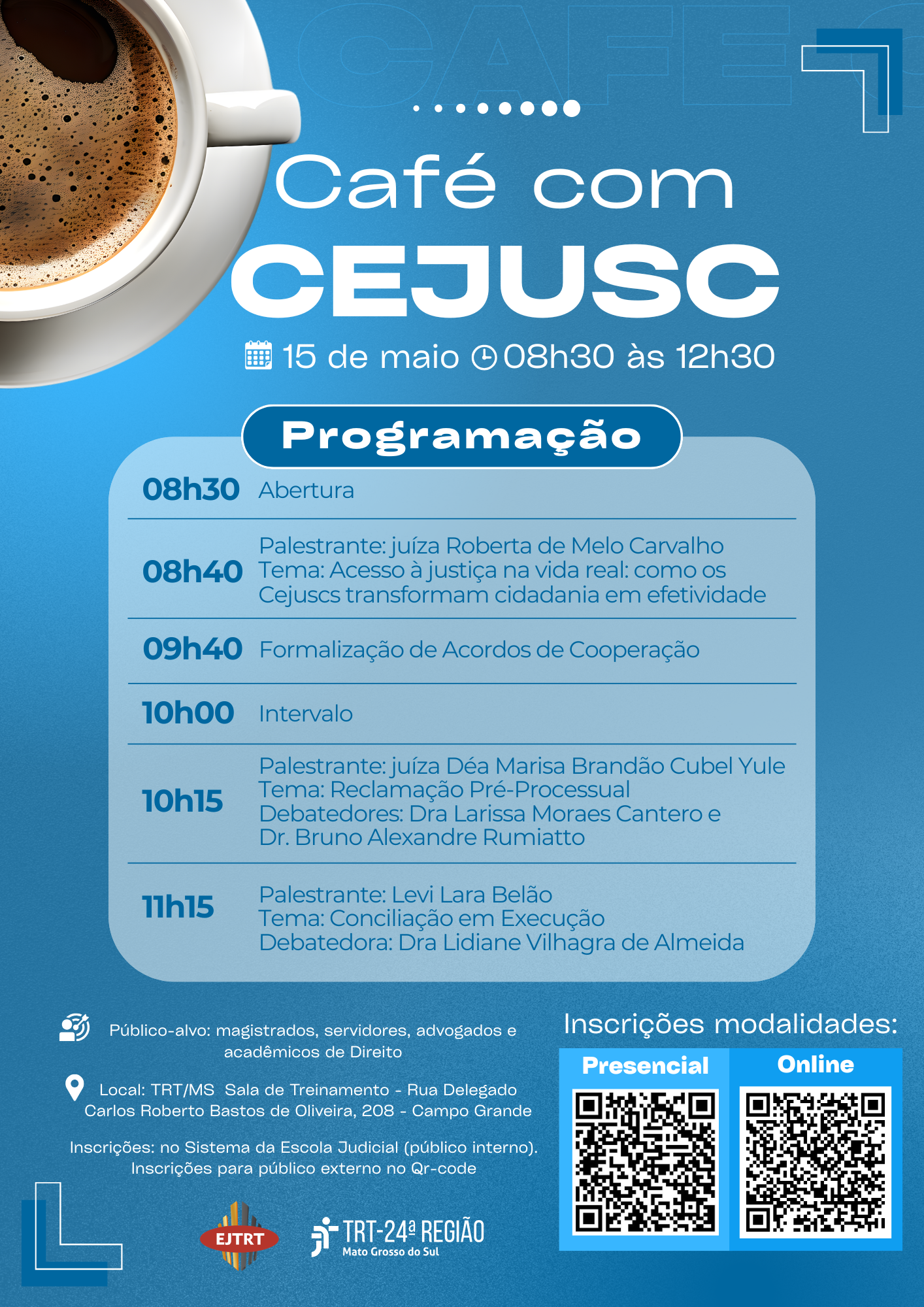 card com a programação deo Cejusc, com QRCode para inscrição na modalidade presencial e on-line