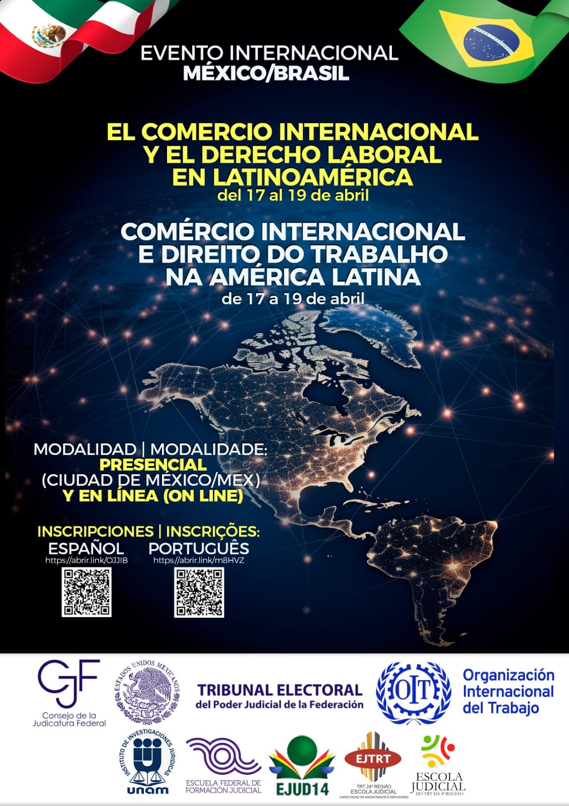De 17 a 19 de abril será realizado o evento "Comércio Internacional e Direito do Trabalho na América Latina", no México, pelas Escolas Judiciais dos Tribunais Regionais do Trabalho da 14ª e 24ª Regiões, em parceria com o Consejo de la Judicatura Federal.