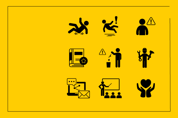 Desenhos ilustrativos das dicas sobre prevenção de acidentes de trabalho