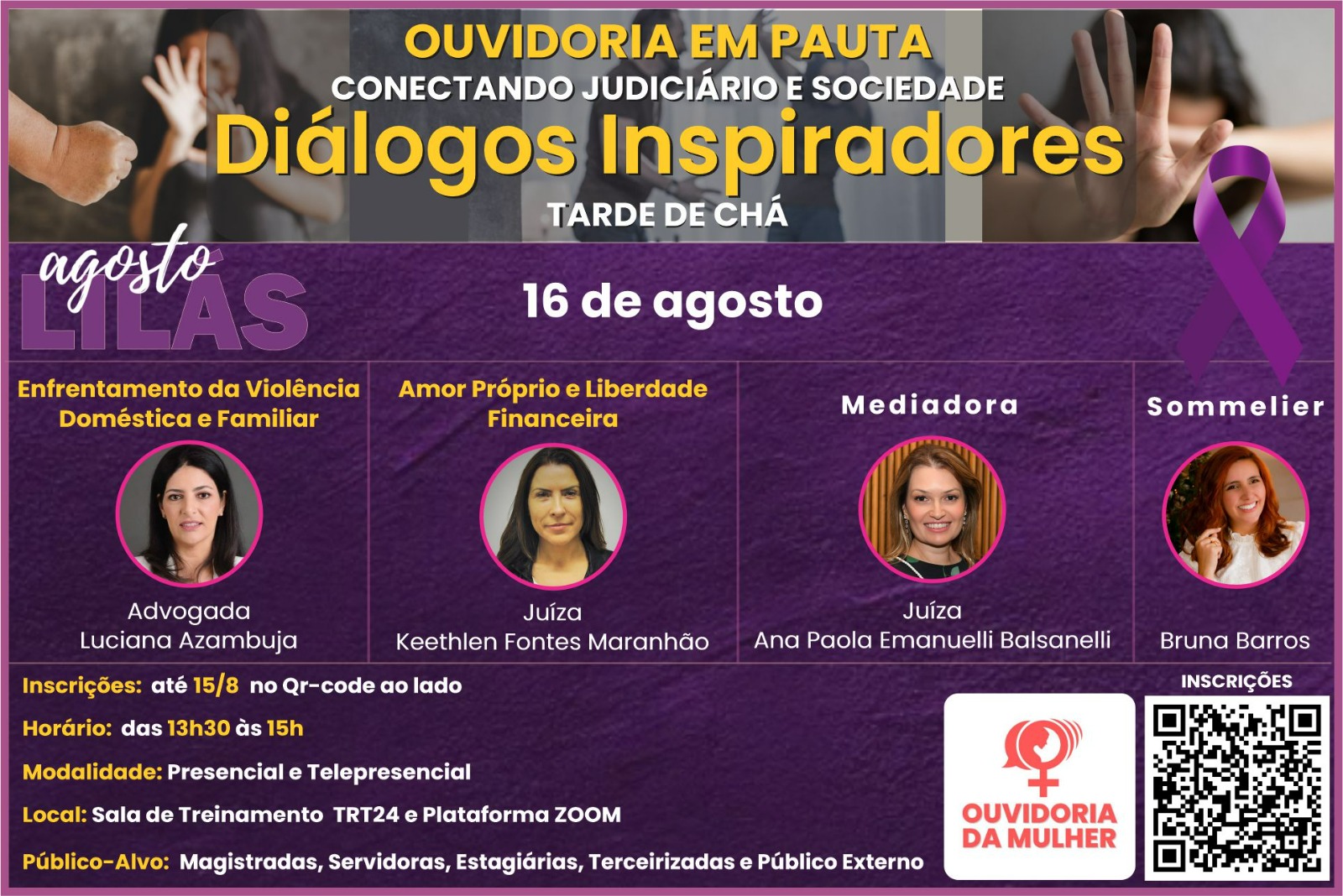 A Ouvidoria da Mulher do Tribunal Regional do Trabalho da 24ª Região (TRT/MS) realizará, no dia 16 de agosto, o evento "Ouvidoria em Pauta: Diálogos Inspiradores", na sala de treinamento do Prédio-Sede do TRT/MS.
