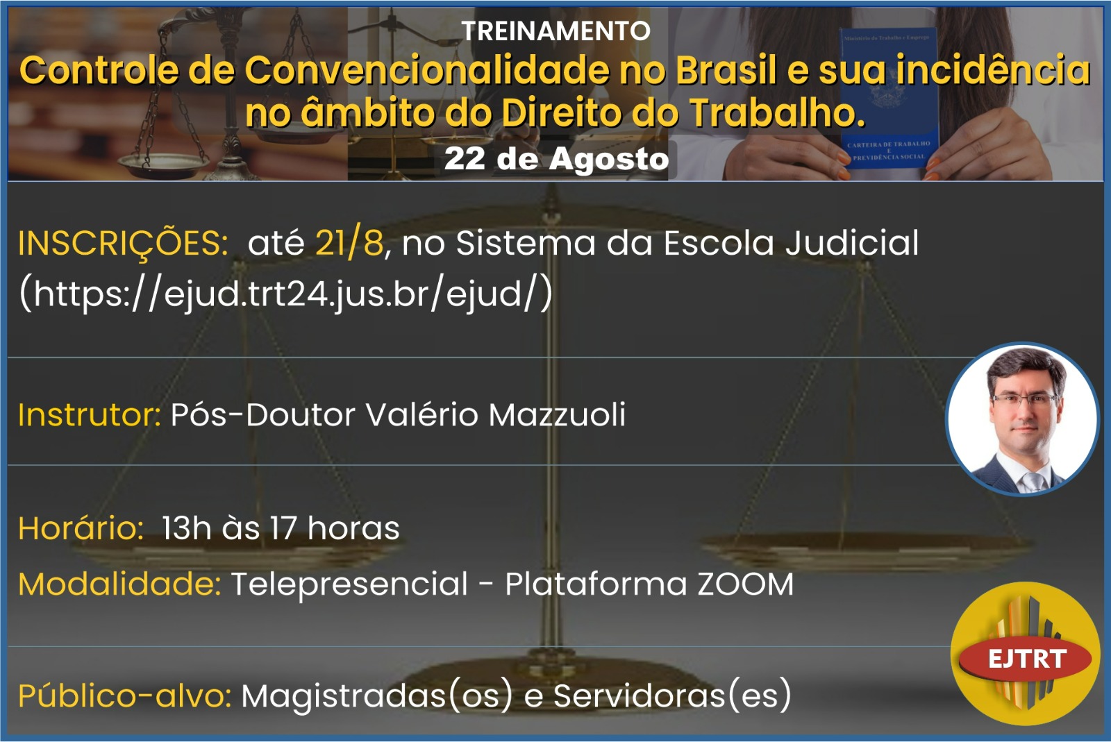 Imagem com as informações sobre o curso. Inscrição, horário, data, instrutor