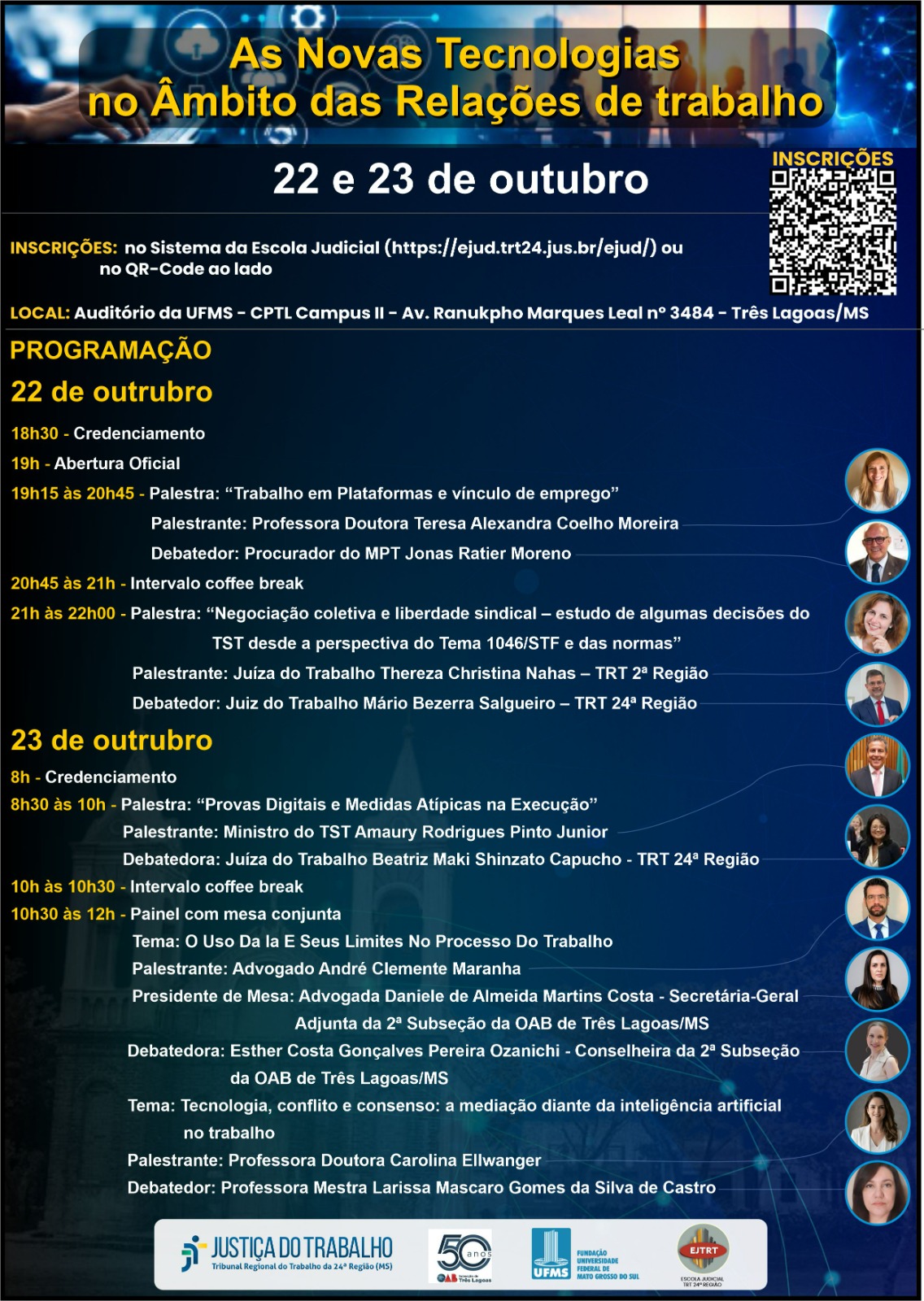 Escola Judicial do TRT/MS promove evento sobre novas tecnologias nas relações de trabalho. card com a programação do evento