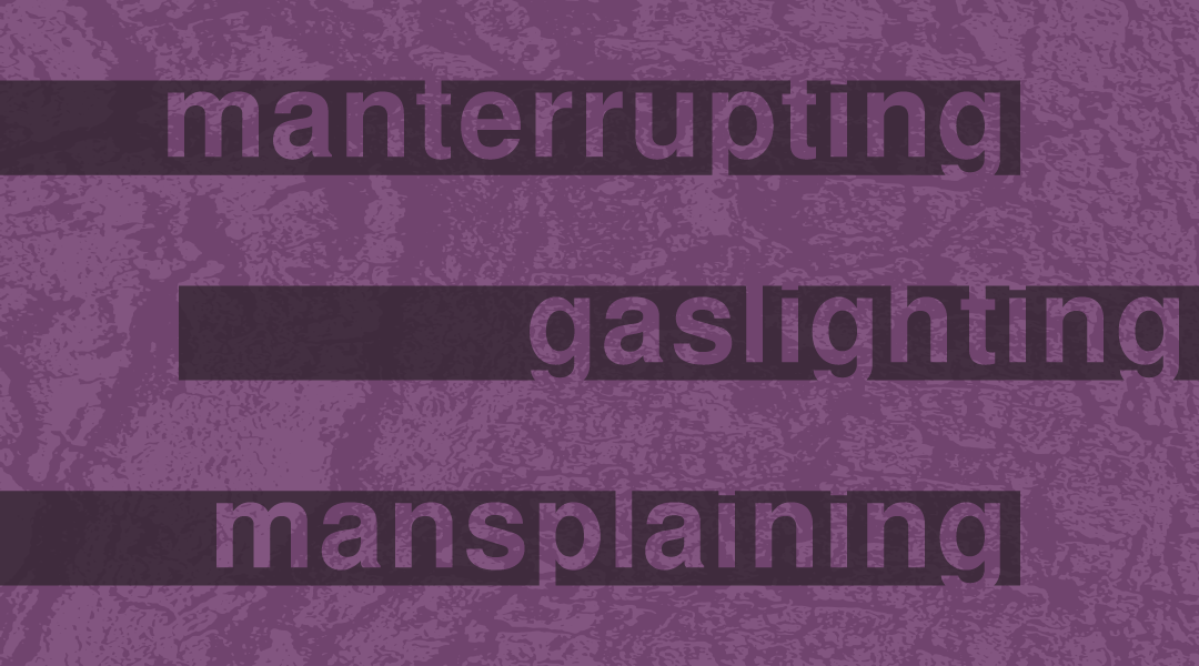 ilustração com as palavras manterrupting, gaslighting e mansplaining