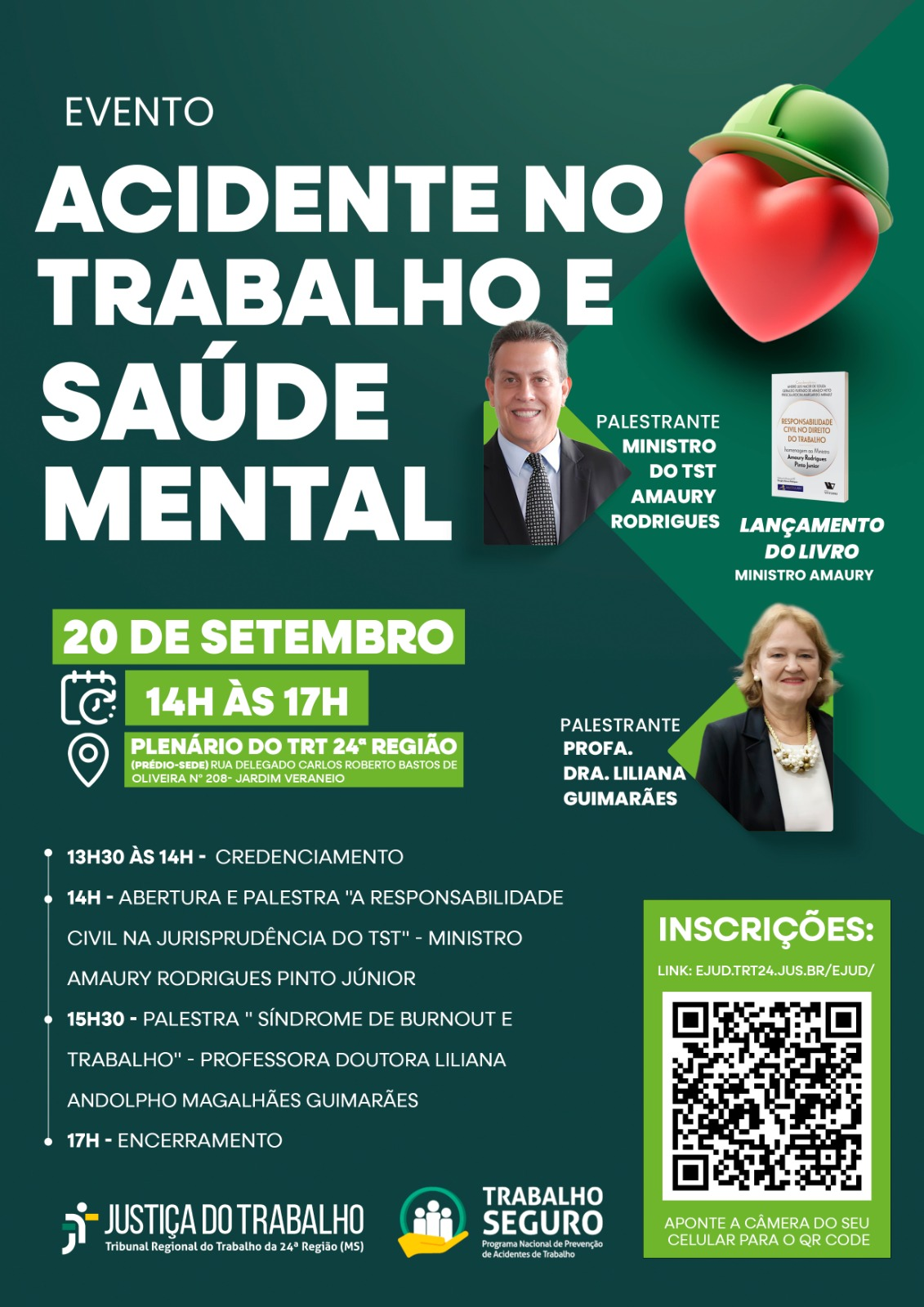 O Tribunal Regional do Trabalho da 24ª Região sediará, nesta sexta-feira, 20 de setembro, o evento "Acidente no Trabalho e Saúde Mental". 