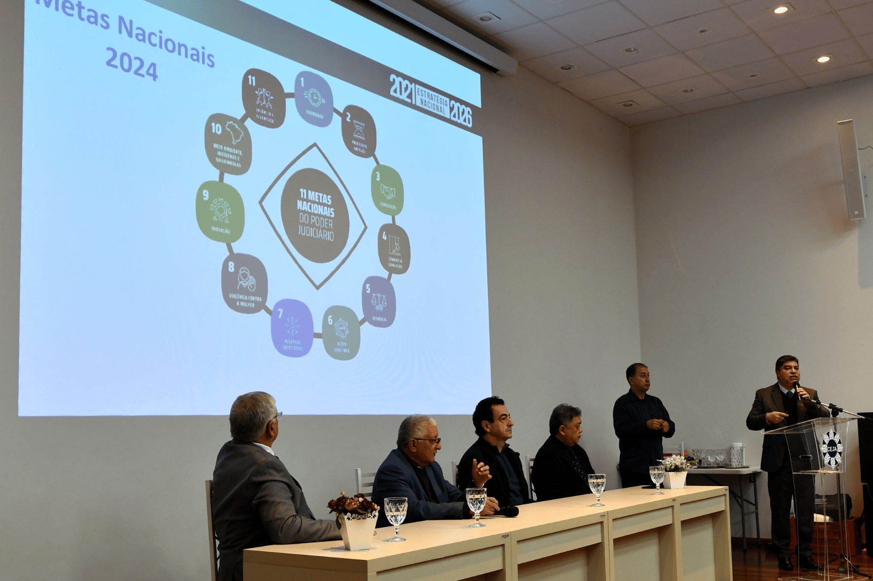 Homens sentados em mesa com projetor de tela ao fundo