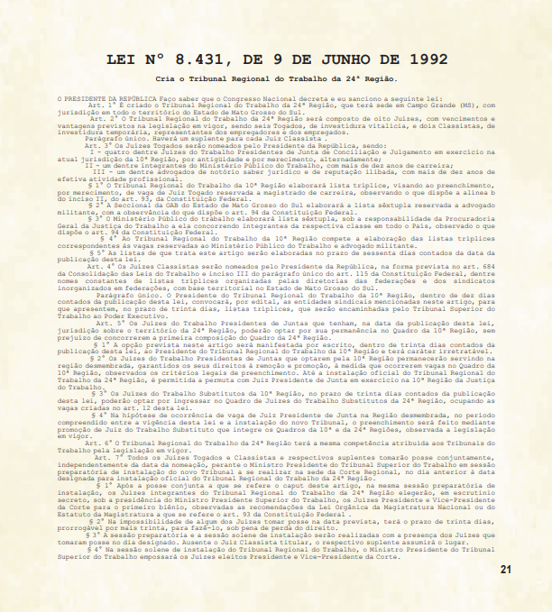 Imagem da Lei número 8.431, de 9 de junho de 1992