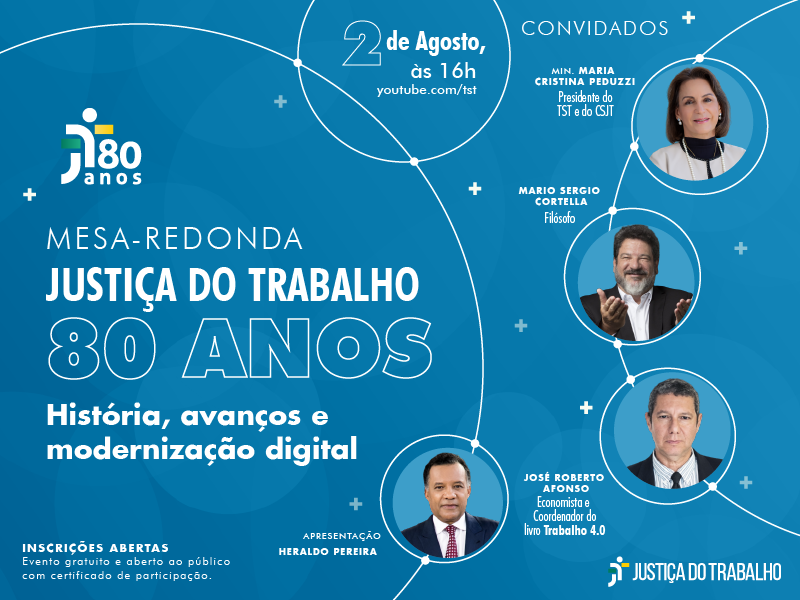 Banner virtual azul com o título "Mesa-Redonda Justiça do Trabalho 80 anos" e subtítulo "história, avanços e modernização digital". Em volta a foto dos convidados e seus nomes. Data, horário e link do debate. No canto inferior direito a logo da Justiça do Trabalho.