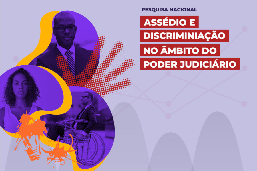 Arte com a frase: Pesquisa Nacional. Assédio e discriminação no âmbito do poder judiciário.