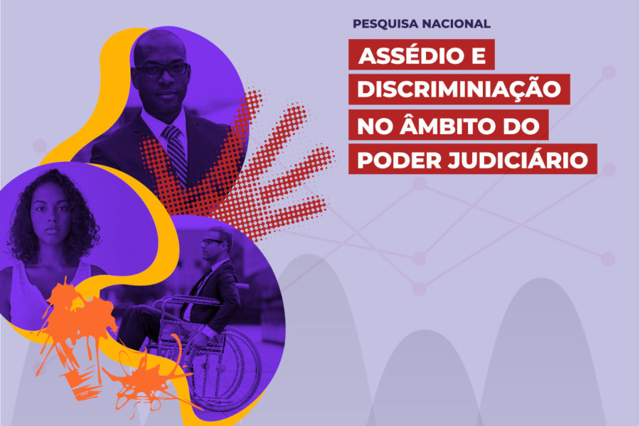 Arte com a frase: Pesquisa Nacional. Assédio e discriminação no âmbito do poder judiciário.