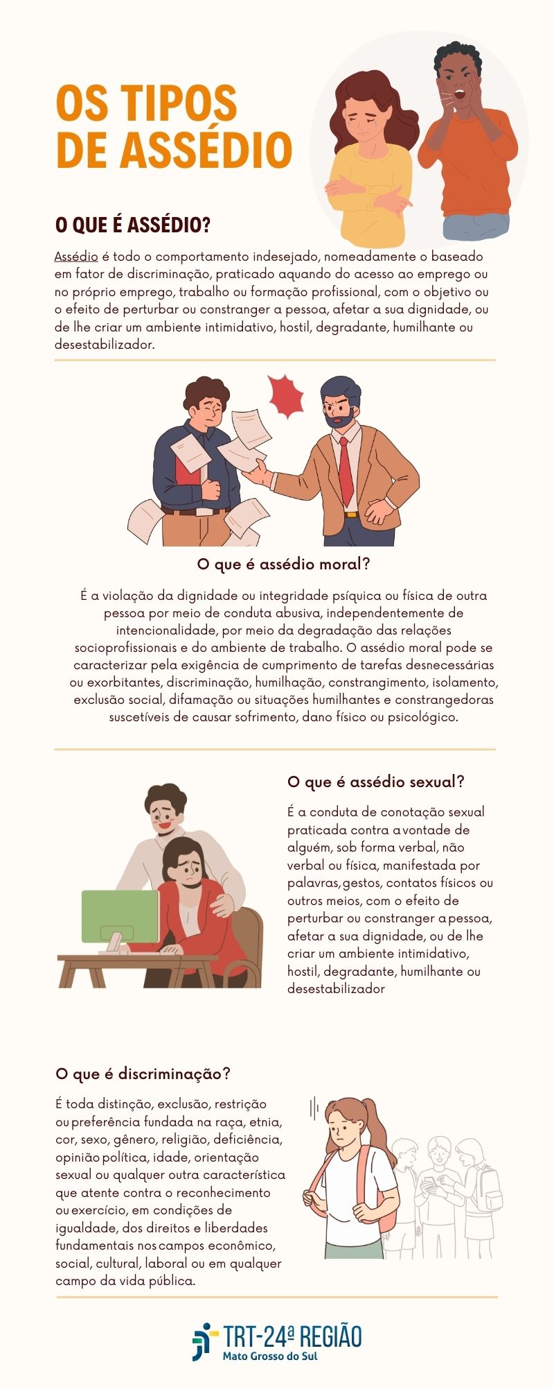 O que é assédio moral? É a violação da dignidade ou integridade psíquica ou física de outra pessoa por meio de conduta abusiva, independentemente de intencionalidade, por meio da degradação das relações socioprofissionais e do ambiente de trabalho. O assédio moral pode se caracterizar pela exigência de cumprimento de tarefas desnecessárias ou exorbitantes, discriminação, humilhação, constrangimento, isolamento, exclusão social, difamação ou situações humilhantes e constrangedoras suscetíveis de causar sofrimento, dano físico ou psicológico.   O que é assédio sexual? É a conduta de conotação sexual praticada contra a¿vontade de alguém, sob forma verbal, não verbal ou física, manifestada por palavras,¿gestos, contatos físicos ou outros meios, com o efeito de perturbar ou constranger a¿pessoa, afetar a sua dignidade, ou de lhe criar um ambiente intimidativo, hostil, degradante, humilhante ou desestabilizador.  O que é discriminação? É toda distinção, exclusão, restrição ou¿preferência fundada na raça, etnia, cor, sexo, gênero, religião, deficiência, opinião¿política, idade, orientação sexual ou qualquer outra característica que atente contra o reconhecimento ou¿exercício, em condições de igualdade, dos direitos e liberdades fundamentais nos¿campos econômico, social, cultural, laboral ou em qualquer campo da vida pública. 