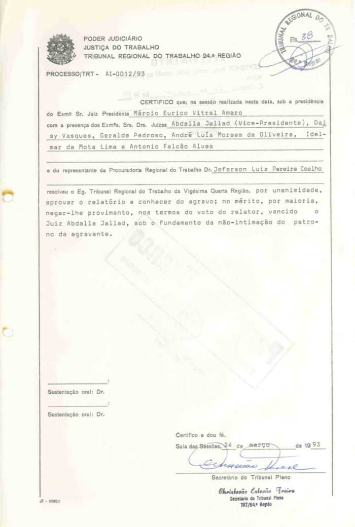 Primeira Certidão de Julgamento do TRT de 24 de março de 1993