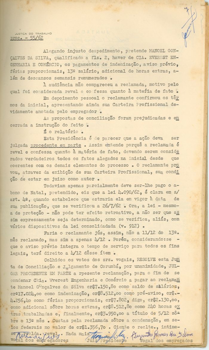 Primeira Sentença da Vara de Corumbá_ processo 55/62