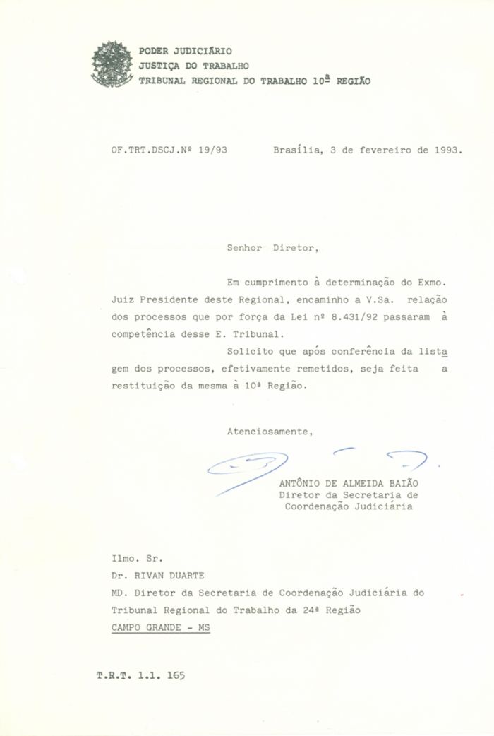 Primeiro Ofício Recebido do TRT da 10ª Região Encaminhando Processos em 03-02-1993