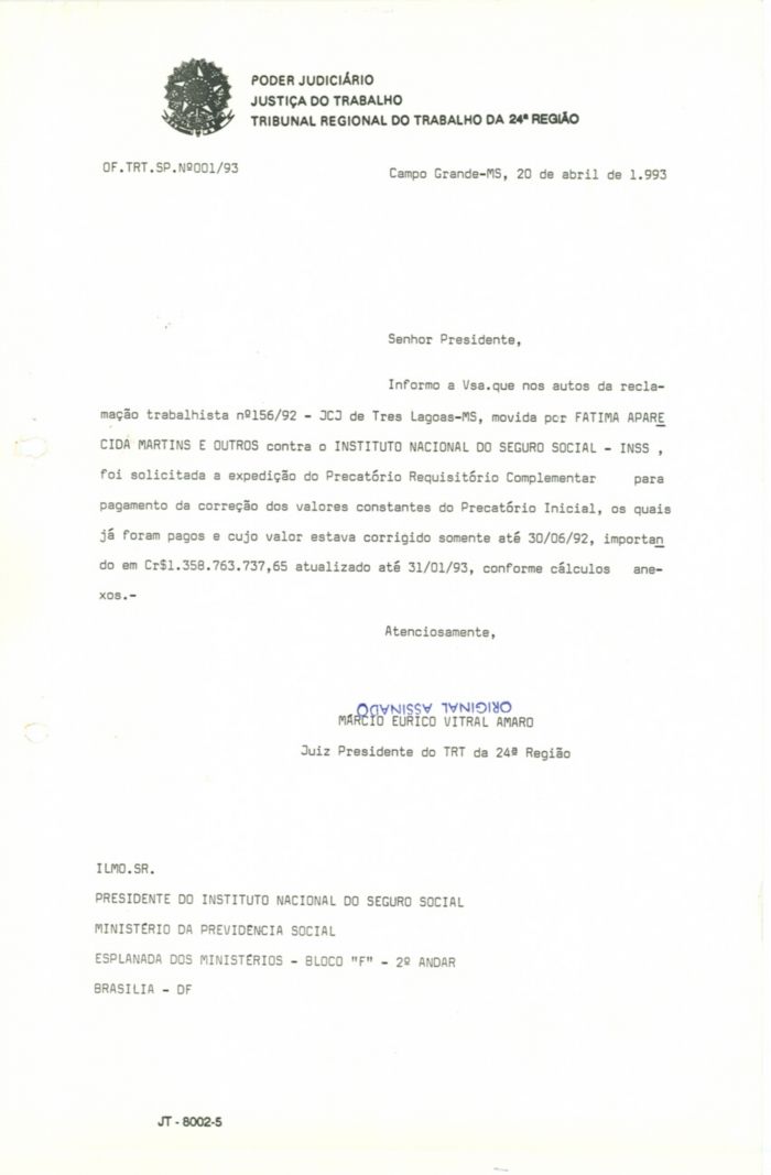 Primeiro Ofício Requisitório em 20 de abril de 1993